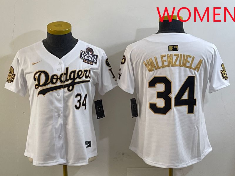 Women Los Angeles Dodgers #34 Valenzuela White Gold Game 2025 Nike MLB Jersey style 2
